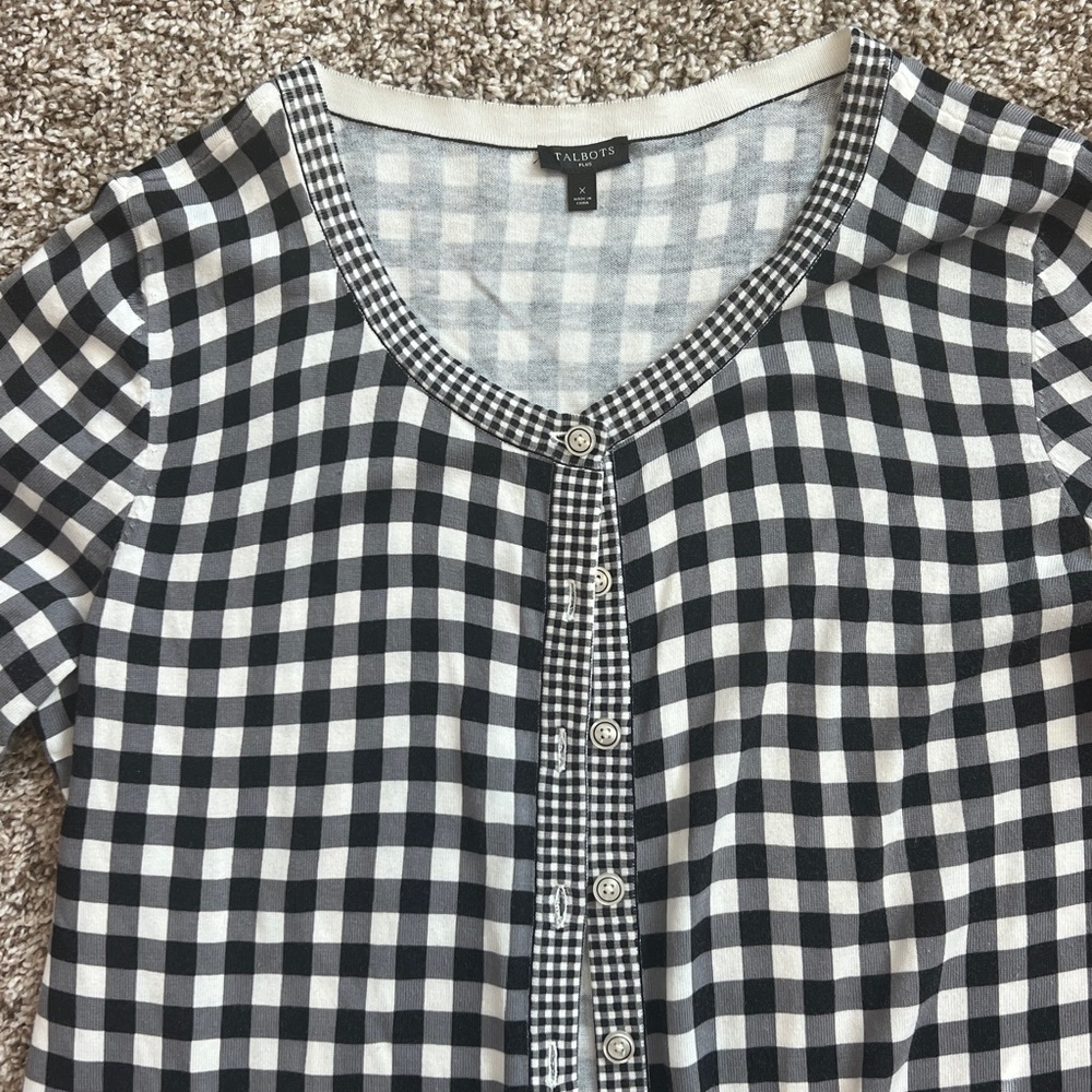 Talbots Charming Black and White Gingham 3/4 Sleeve Cardigan Sweater Size X = 12 - Picture 6 of 10
